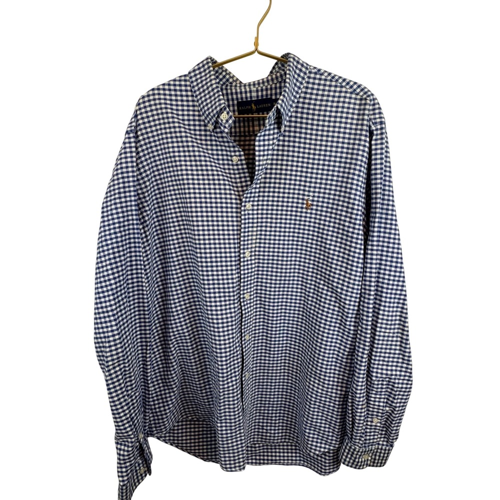 Ralph Lauren Mens XL Gingham Button Down Shirt Blue‎ White Cotton Long Sleeve
